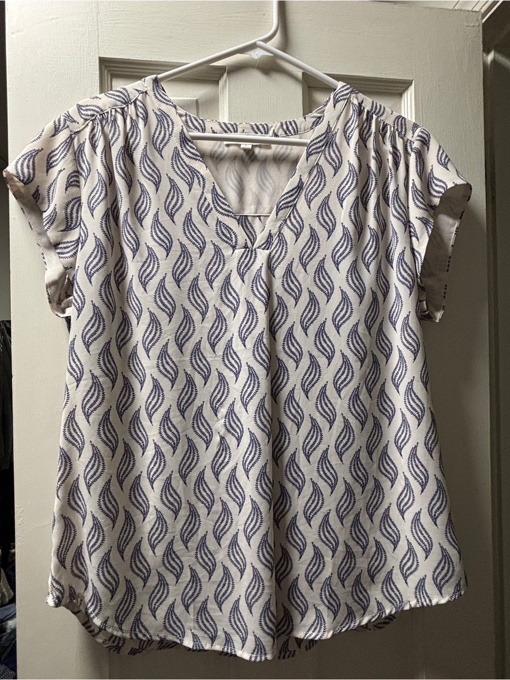 Cream V-Neck Short Sleeve Blouse with Blue Wave Print